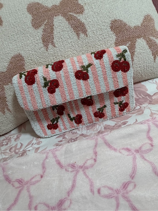 Viral Beaded Bag Sol and Mer Beaded Cherry Shoulder Bag NWT  Cherry Beaded should purse- Pink & Red Striped